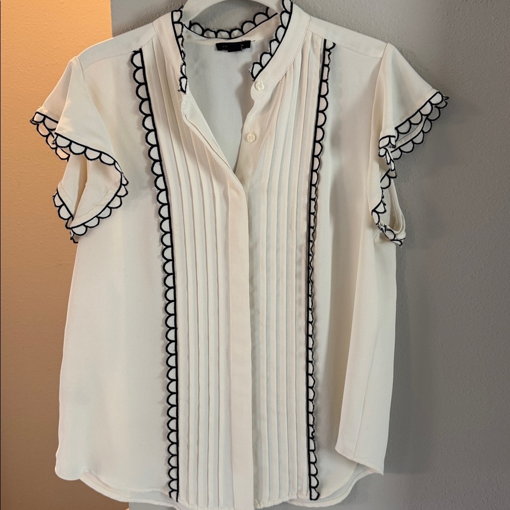Ann Taylor Cream Blouse with Black Scallop Trim